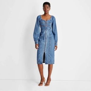 Future Collective x Kahlana Barfield Zip-Front Denim Dress Sz 10 Long Sleeve